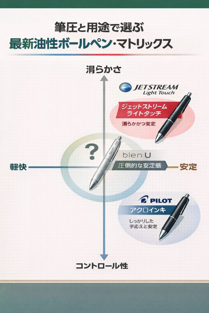 2025年の主要油性ボールペン（ジェットストリーム ライトタッチ、ブレンU、アクロインキ）の滑らかさとコントロール性のバランスを示すマトリックス図。